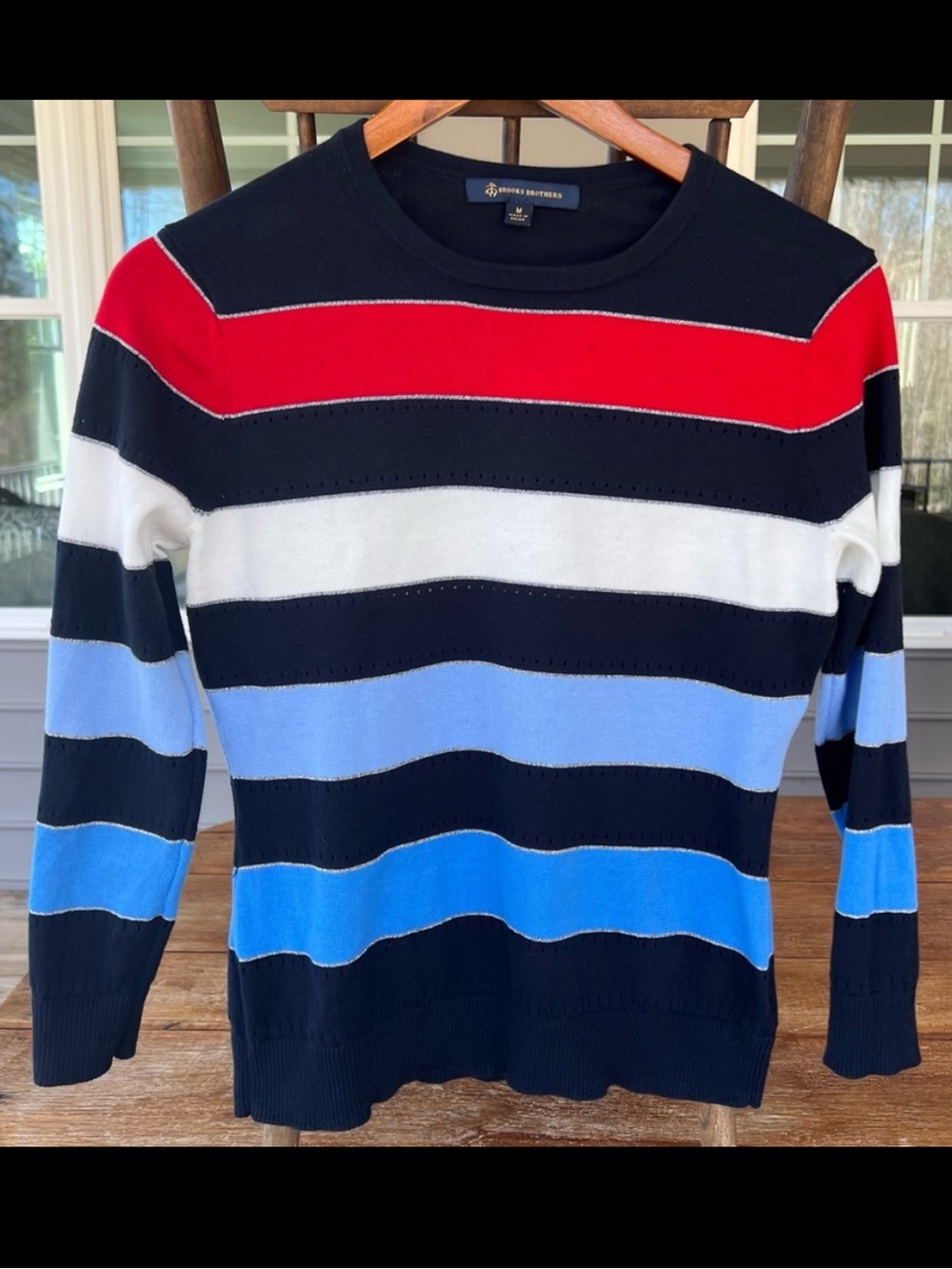 Brooks Brothers Striped Crewneck Sweater Navy Blue Red White Medium